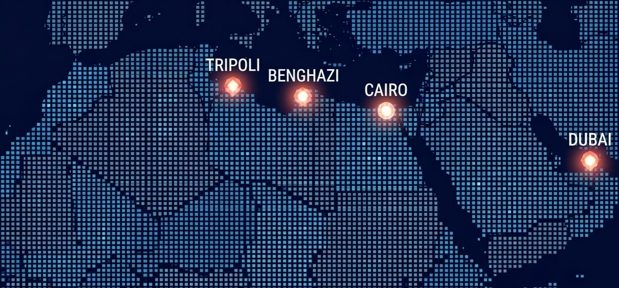 Regional network map: Tripoli, Benghazi, Cairo, Dubai